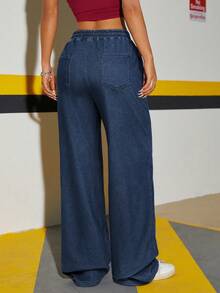 SHEIN ICON Elastic Waist Loose Washed Women Denim Jeans - Dark Wash - View 2