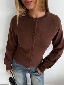 Aloruh Women's Elegant Round Neck Button-Up Long Sleeve Brown Cardigan Sweater,Winter New Knitted Jacket, Casual, Simple And Atmospheric Style, Ribbed Splicing Round Neck Button Design, Brown Solid Color Cardigan - Brown - View 7