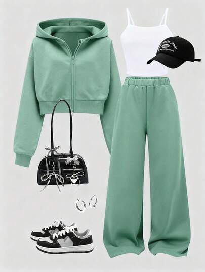 3pcs/Set Girls Casual Minimalist Camisole + Short Zip-Up Hoodie + Wide Leg Pants Suit, Suitable For Daily Wear