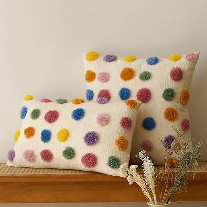 1 秋季簇绒小彩球枕套，季节性装饰枕套，圣诞丰收软垫套装饰沙发枕套