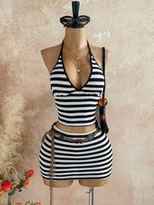 Soleia Women's 2 Pieces Floral Print Halter Top And Mini Skirt Set, Suitable For Beach/Vacation Black And White Stripe Casual Chic Women's Set Fall Clothes For Women