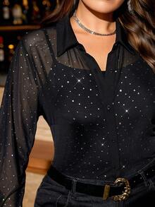 Ellevyn Plus Size Women Sequin & Rhinestone Embellished Long Sleeve Semi-Sheer Elegant Blouse,Black,Autumn,Formal,Evening,Night Out Club Christmas New Year - Black - View 8
