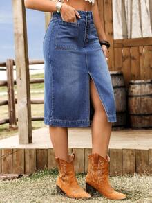 EMERY ROSE Plus Size Washed Denim Casual Skirt - Blue - View 5