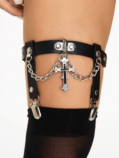 Goth 2 pezzi Reggicalze da donna con catena nera, decorazione a stella a cinque punte e croce cava, giarrettiere stile gotico per abiti, gonne, uso versatile quotidiano, Ognissanti