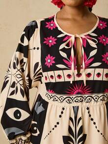 Travachic 大码休闲度假热带波西米亚印花前系蝴蝶结长袖宽松女式夏秋季户外短款连衣裙 - 彩色 - 查看 1