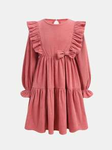 SHEIN 青少年女孩秋冬装青少年女孩编织纯色圆领荷叶边下摆休闲连衣裙，适合生日派对、度假，非常适合秋冬季休闲和日常穿着以及上学日常，适合圣诞节， - 粉色 - 查看 6