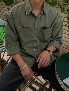 DAZY Men's Solid Color Washed Vintage Military Green Shirt, Autumn