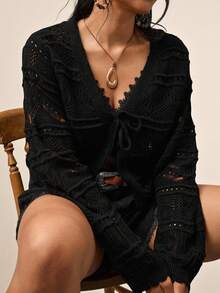 SHEIN VCAY 大码纯色简约日常系带长袖开衫女士秋冬装 - 黑色 - 查看 1