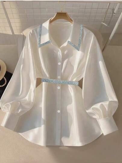 GlowEve Blusa feminina elegante, fashion, casual, confortável, charmosa, retrô, minimalista, de alta qualidade, romântica, para férias, manga comprida, lapela, solta, laço, cinto, emenda na cintura, fio prateado, renda, cetim sólido