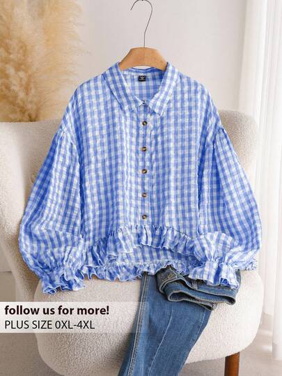 CosyJoli 大码女式格子落肩长袖单排扣荷叶边下摆宽松衬衫