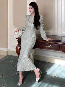 DAZY Váy midi đuôi cá tay bồng họa tiết hoa thanh lịch dành cho nữ, mùa thu - màu xanh lá - Xem 3