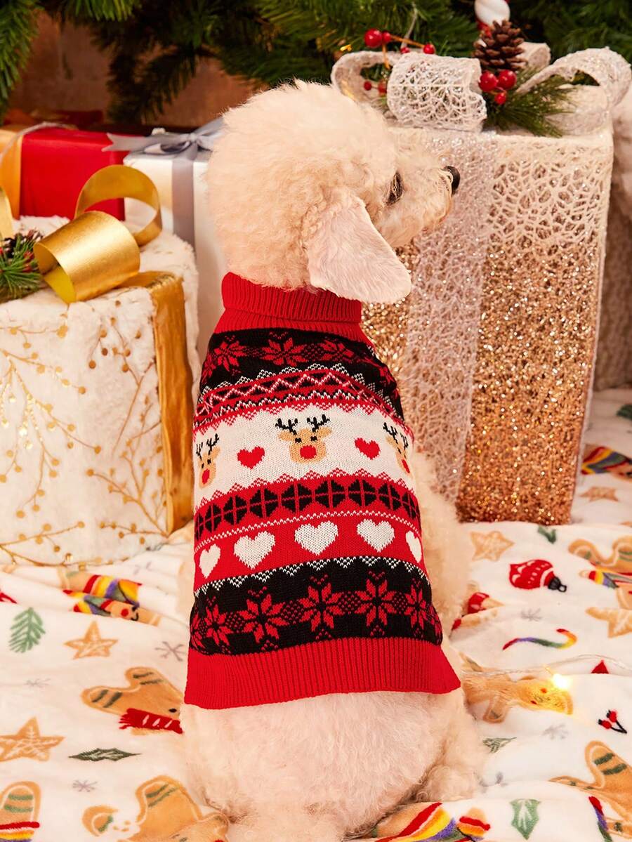 PETSIN 1pc Christmas Pet Cat Dog Universal Green Diamond Grid Elk Snowflake Cute Pattern Jacquard Knitted Elastic Comfortable Dog Christmas Sweater