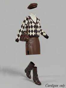 SHEIN MOD Women's Plus Size Classic Plaid Knit V-Neck Cardigan,Brown Autumn Fuzzy Sweater Jacket,2000's School Back-To-School Coffee & Apricot Loose Outerwear - Multicolor - View 1