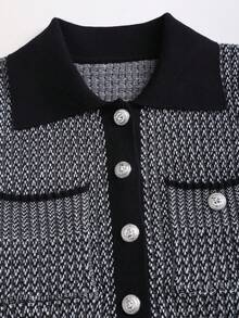 SHEIN Elenzya Áo len cardigan dệt kim nút giả cổ polo họa tiết sóng sọc đen trắng thanh lịch dành cho nữ, tay dài, mùa xuân/thu - Đen và trắng - Xem 3