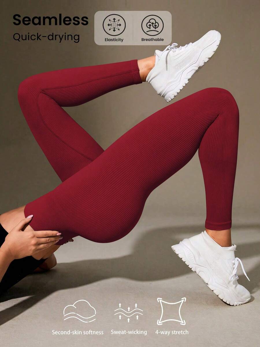 Seamluxe SHEIN Sport Legging Sem Costura Slim de Cintura Alta Canelada para Mulheres - Maciez de Segunda Pele Nuvem Macia, Secagem Rápida, Respirável, Elástica em 4 Direções, Ideal para Corrida, Ciclismo, Yoga, Pickleball, Exercícios e Uso Casual, Cor Preta