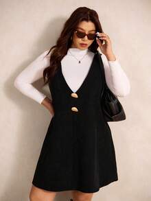 Elaquor Plus Size Women Metal Decor Elegant Suspender Dress, Autumn/Winter - Black - View 6