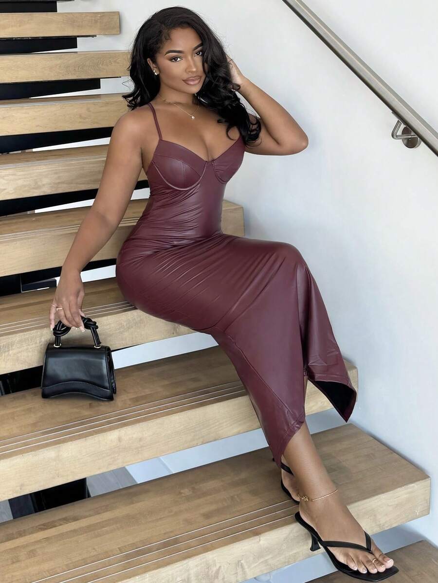 Alexandranx Solid Brown Coffee-Colored Sexy Minimalist Bustier Corset Corset Dress, Suitable For Cocktail Party, Romantic Date, Autumn/Winter Underdress, Gathering, Party, Nightclub, Halloween, Christmas,Halloween Clothes Women ,Halloween Costume,Country - Burgundy - View 1