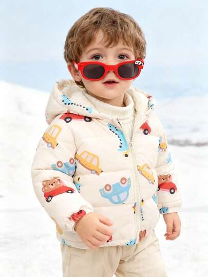 1 pièce Manteau matelassé à capuche épais avec fermeture éclair, motif voiture, unisexe pour bébé/tout-petit. Poignets coupe-vent, convient pour le port casual en automne et en hiver, neutre pour les bébés garçons et filles, 6 mois - 3 ans