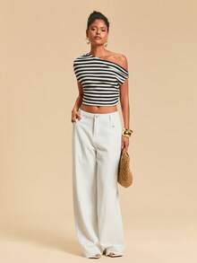 Travachic Women's Striped Asymmetrical Shoulder Cropped Top, Stripe Top, One Shoulder Tops, Casual Crop Tops For Women, Chic Going Out Outfits - Black and White - View 3