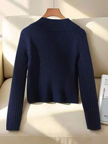 GlowEve 法式优雅罗纹纹理翻领短款休闲开衫毛衣，女款秋冬