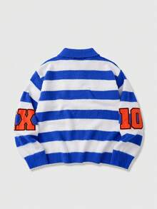 ROMWE MEN Men's Preppy Embroidered Graphic Striped Long Sleeve Sweater, Winter - Blue - View 11