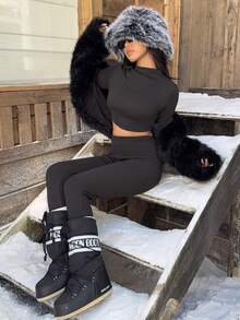 Flirla Conjunto de top ajustado y leggings básico minimalista para capas, camiseta de cuello alto casual y versátil de manga corta/larga, conjunto de 2 piezas, otoño/invierno