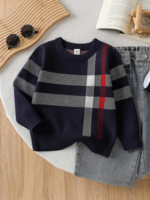 SHEIN Playful Pals Young Boy Striped Round Neck Long Sleeve Casual Sweater, Autumn/Winter Long Sleeve For Autumn Boys Boy Knitwear Boys Autumn Winter Casual Sweater For Boys Toddler Sweater