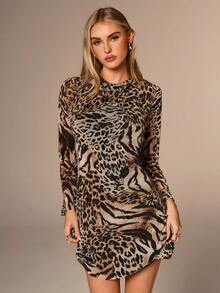 Avantive 女式豹纹和斑马纹露背系带性感时尚迷你连衣裙 - 彩色 - 查看 4