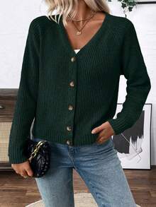 EMERY ROSE Versatile V-Neck Cardigan Sweater, Loose Casual Minimalist Open Front Knit Jacket For Women - Dark Green - View 3