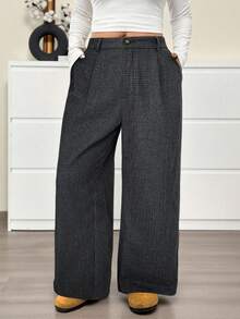 SHEIN EZwear Plus Size Black Plaid Woolen Suit Pants, Autumn/Winter - Black - View 4