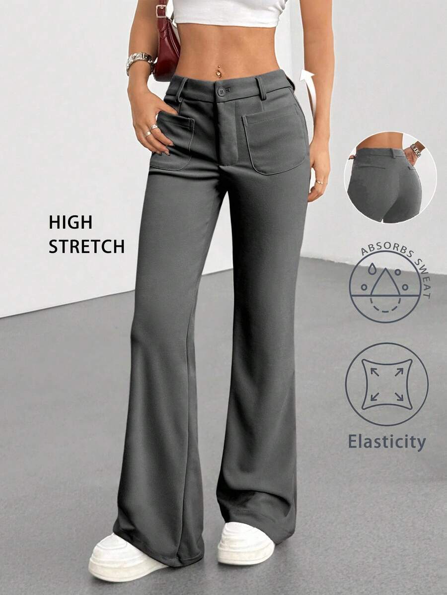 Flirla 2025新款女款素色通勤修身高腰褲,修身優雅百搭休閒喇叭褲,秋冬款,適合嬌小女性 - 灰色 - 查看 1
