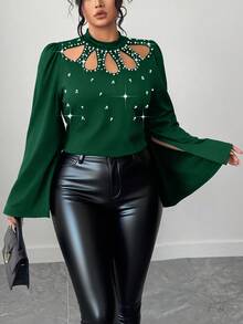 Elenzga Camiseta elegante de talla grande para mujer con decoración de perlas falsas y mangas abiertas