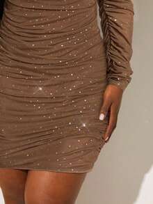 SHEIN SXY Plus Size Women Square Neck Ruffle Trim Contrast Color Long Sleeve Mesh Bodycon Dress, Autumn - Coffee Brown - View 6