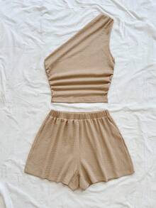 Soleia 女式纯色无袖上衣和短裤套装，夏季 - 卡其色 - 查看 5