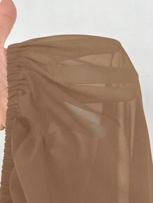Maweii Plus Size Elegant Solid Color Pleated Lantern Sleeve Blouse, Autumn - Khaki - View 8