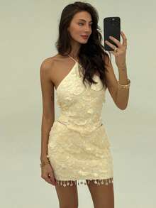 Aloruh Áo hở lưng đính sequin, dây chéo phía sau dành cho nữ, thích hợp cho Giáng sinh, Halloween, tiệc tùng. - Màu be - Xem 2