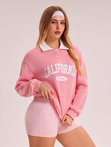 Sovereign Charm 女士字母印花 Polo 领宽松长袖卫衣，粉色 - 粉色 - 查看 3