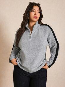 Elaquor Plus Size Color Block High Neck Half Zip Casual Long Sleeve Pullover Sweater/Winter - Grey - View 4