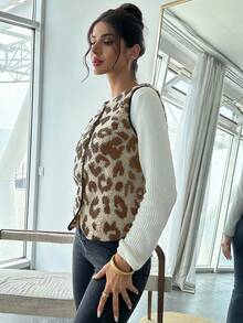 SHEIN Essnce Plus Size Winter Clothes For Women Business Casual Woman Women Leopard Print Single Breasted Sherpa Vest Jacket, Autumn/Winter Jacket Fur Coat Women - Khaki - View 5