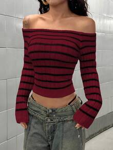 SHEIN LUNE Pakaian Streetwear Wanita Musim Gugur/Dingin Sweater Lengan Panjang Bergaris Off-Shoulder Model Pas Badan dengan Blok Warna - Merah - View 3