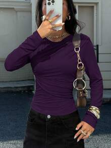 Siren Gaze 女式纯色多层荷叶边修身长袖 T 恤休闲上衣，秋季 - 紫色 - 查看 3