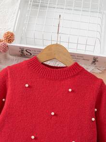 SHEIN Girls' Retro Straight Pearl Elegant Knit Dress, Red Round Neck Beaded Sweater Dress Suitable For Home, Outings, Parties, Back To School Autumn And Winter Young Girls Dressse Girls  Autumn French Style Dress - Red - View 7