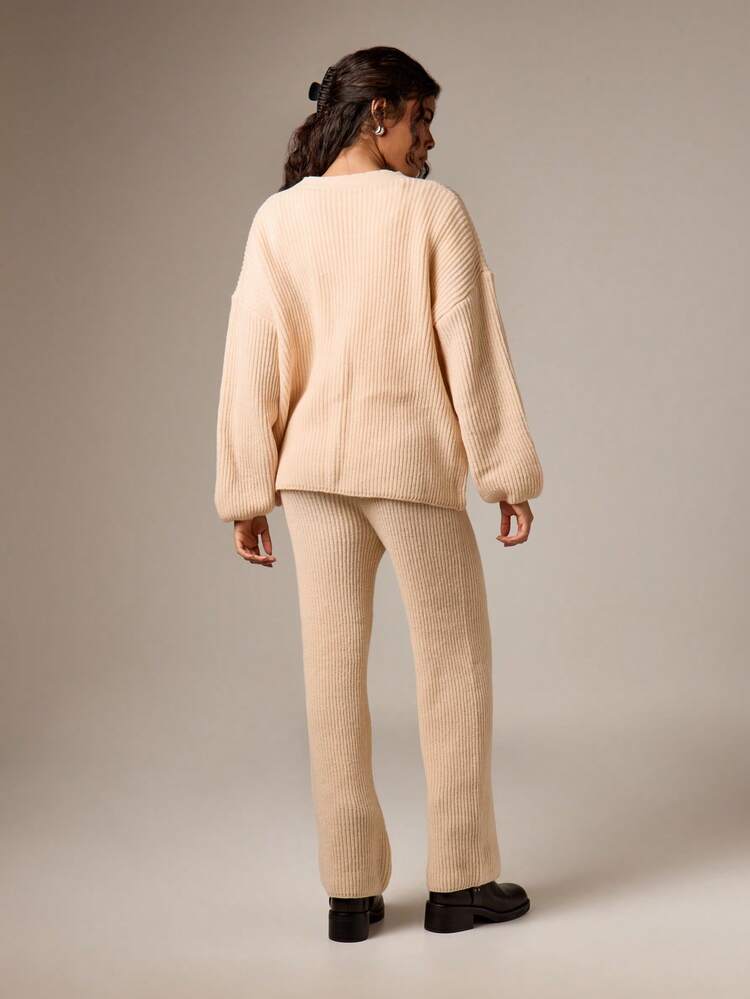 Ribbed Knit Cardigan With Flare Pants Set