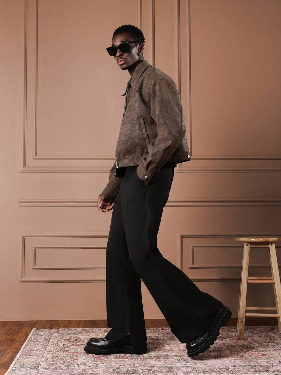 SUMWON 男士喇叭阔腿裤，侧开衩设计，宽松版型休闲裤，适合街头时尚 - 黑色 - 查看 1