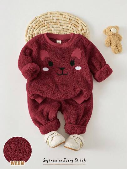 Cozy Pixies Set de 2 piezas de pijama de niña bebé con diseño lindo de conejo, que incluye sudadera de cuello redondo de manga larga con forro térmico y aplicaciones de expresión de animales de dibujos animados, y pantalones elásticos de felpa. Conjunto cómodo y versátil para uso diario, interior, exterior, deportes, fiestas, sesiones de fotos y vacaciones en otoño/invierno. Ropa de bebé cálida de 2 piezas para la temporada de otoño-invierno.