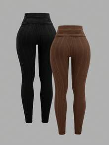 Sweetra 2pcs/Set Autumn/Winter Elastic Fitted Yoga V-Waist Knit Light Gray & Dark Gray Leggings, High Waist Velvet Skinny Tights For Women