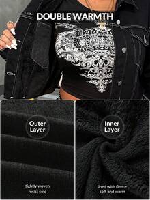 SHEIN Unity Plus Size Fashionable Short Drop Shoulder Long Sleeve Versatile Denim Jacket - Black - View 9