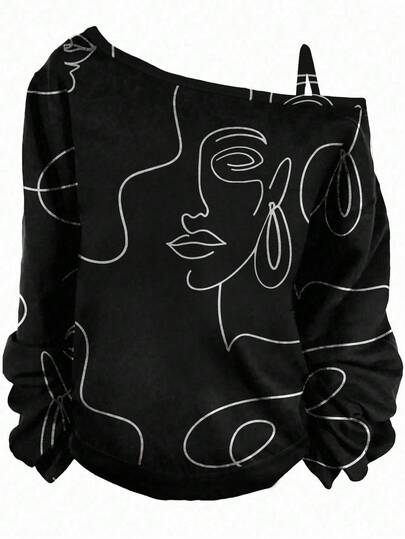 EMERY ROSE Kadın Büyük Beden Günlük Portre Grafik Baskılı Omuzdan Askılı Uzun Kollu Tişört, Sonbahar/Kış İçin Uygun, Siyah Tişört, Sonbahar Kadın Giyim
