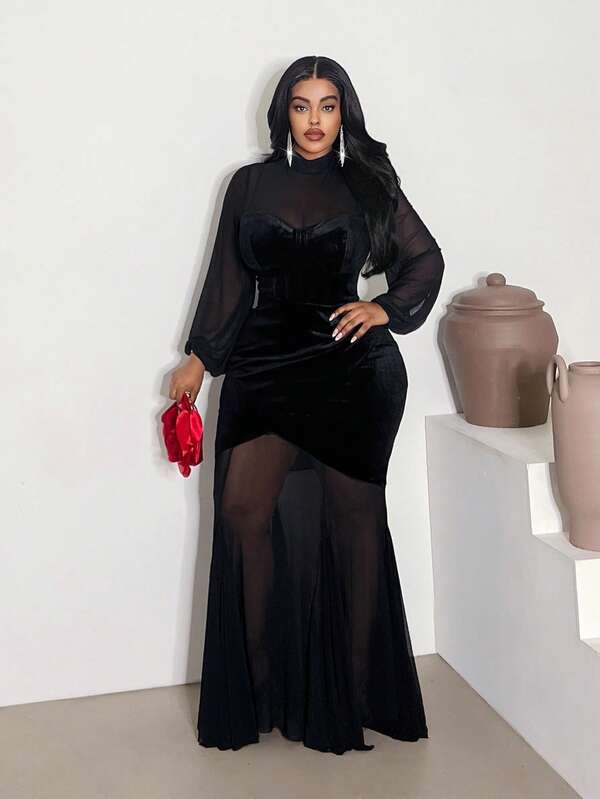 Maweii فستان حفلة بياقة مندرين وأكمام فانوس وذيل مندفع غير منتظم وياقة على شكل V للمقاسات الكبيرة، مناسب للخريف، ذو قصة ضيقة وشبه شفافة وجذابة