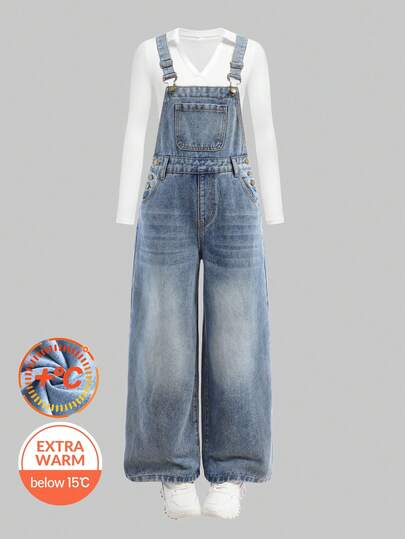 Girlism 少女时尚休闲 Y2K 复古酷炫街头风，返校季学院风怀旧蓝色牛仔抓绒鞋底保暖宽松背带裤，适合少女穿着。少女柔软日常装，以及少女秋冬季派对、节日和街头服饰。